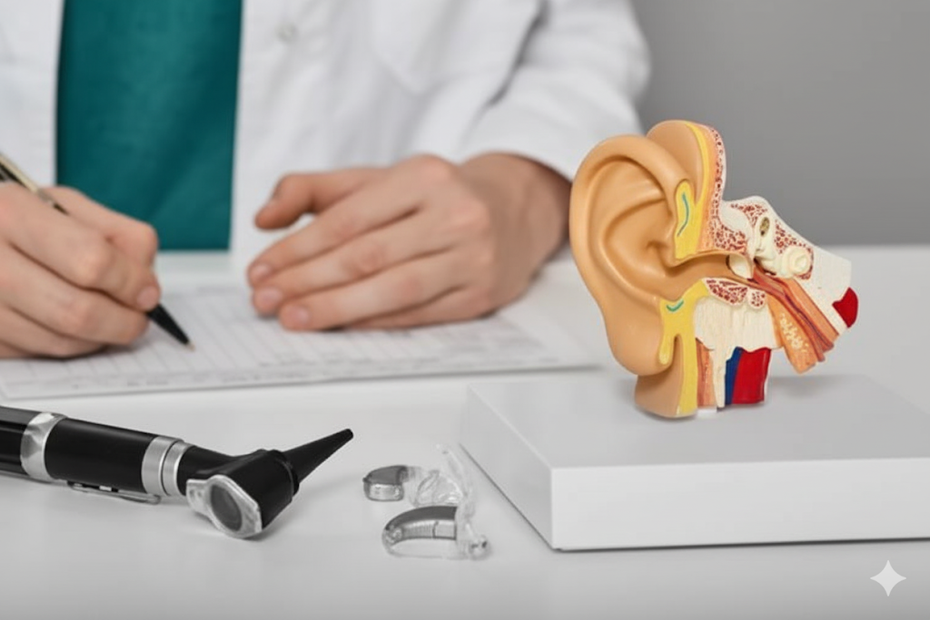 Audiologist consulting patient during hearing assessment
